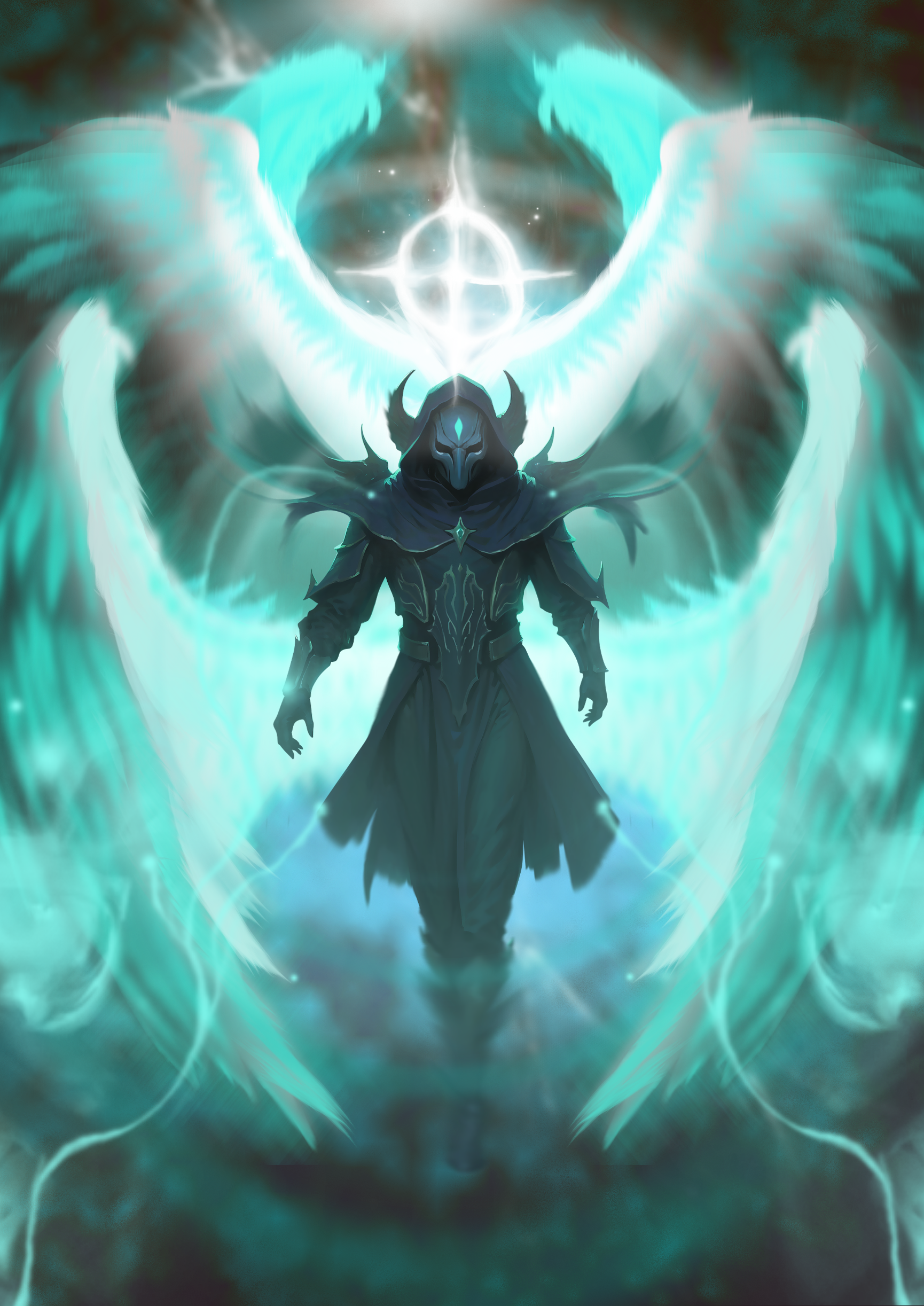 An alien in hooded robes hovers with ethereal wings