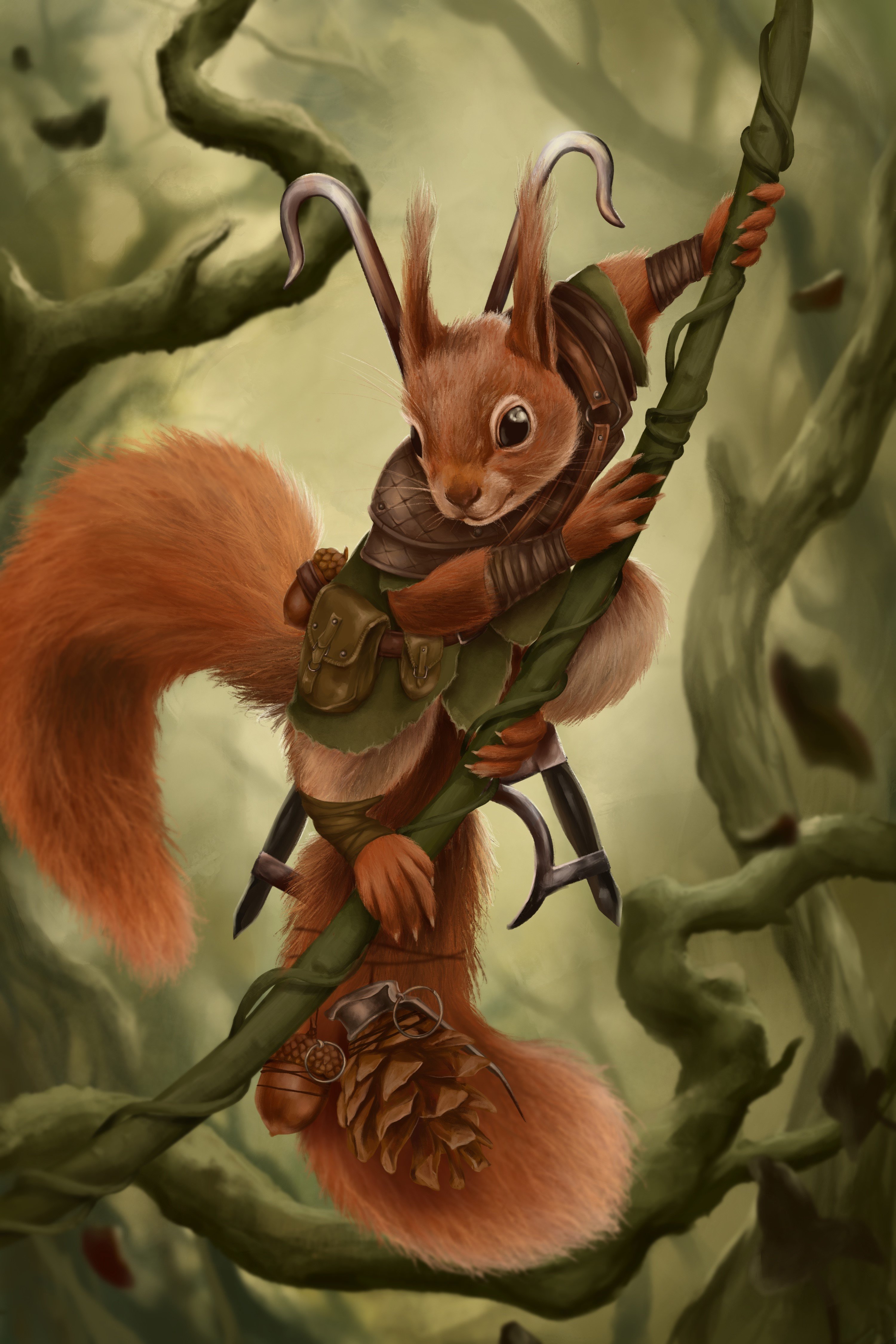 A warrior squirrel hangs from a branch.