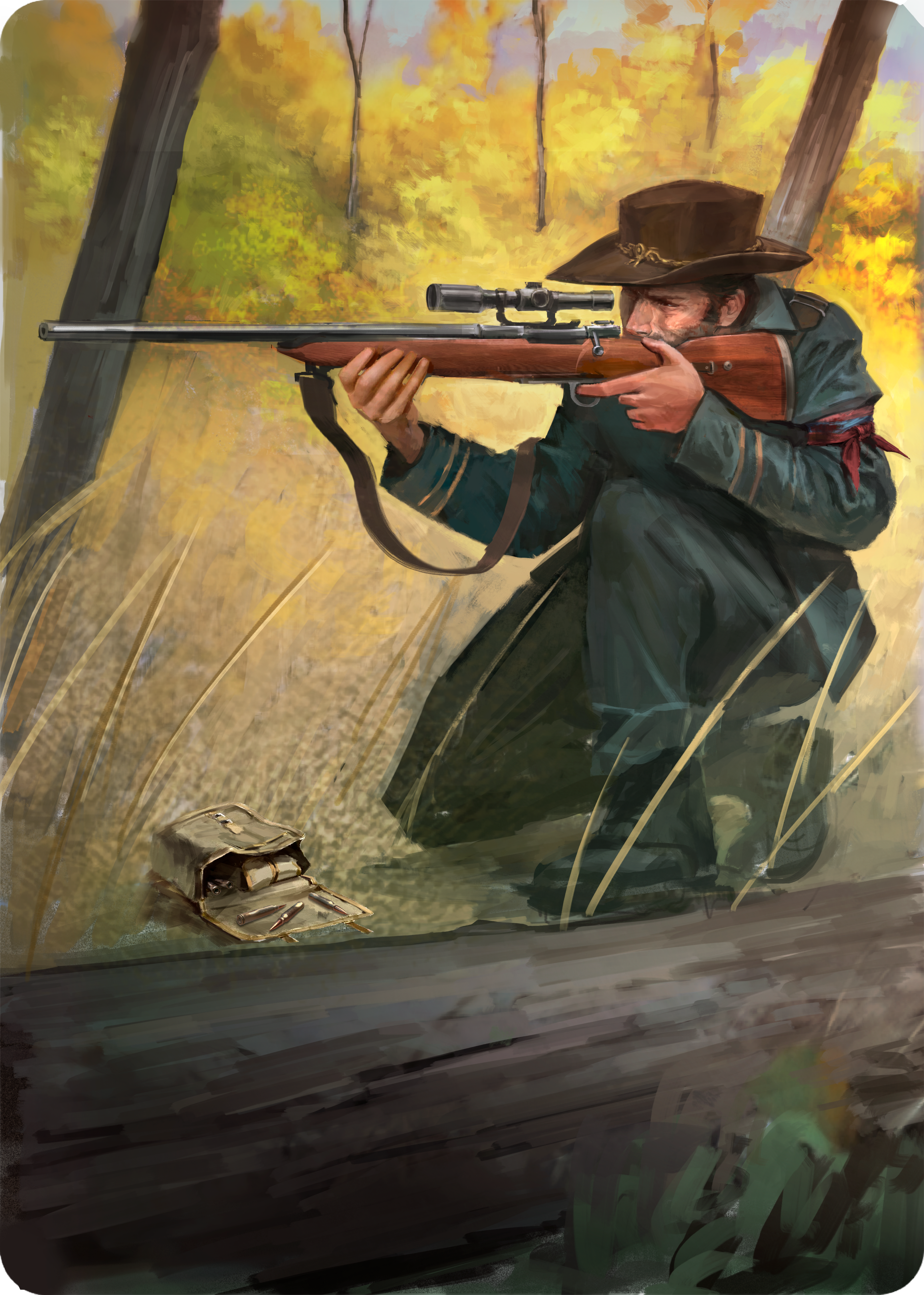 A civil war sharpshooter takes aim with a scoped rifle